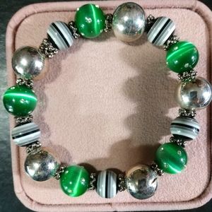 🎄Large Bracelet Glass Fluorite Beads with Rhinestones Sterling Silver Beads NEW